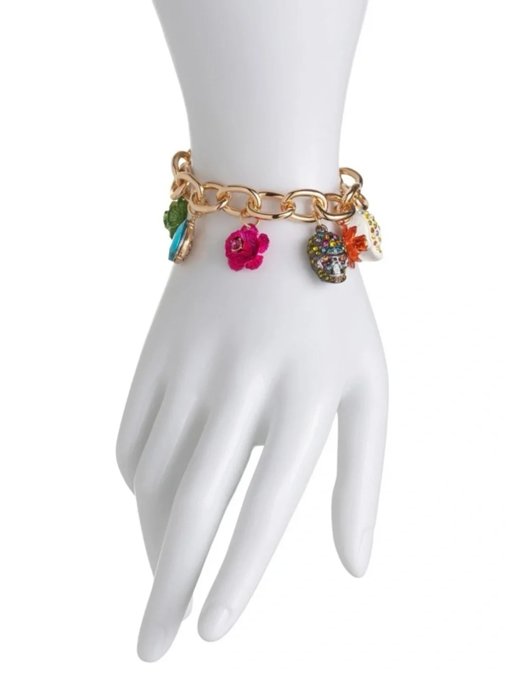 NWT Betsey Johnson Gold Tone Flower & Sugar Skull Charm Bracelet - Picture 2 of 6